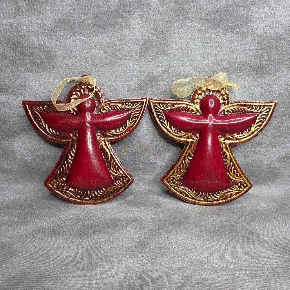 (X2) Christmas Ornaments Red & Gold Angels Metal 6" x 6" Ribbon Loop Hanger